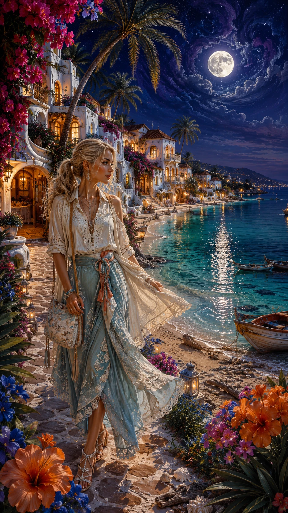 Elegant woman in a moonlit Mediterranean fantasy village