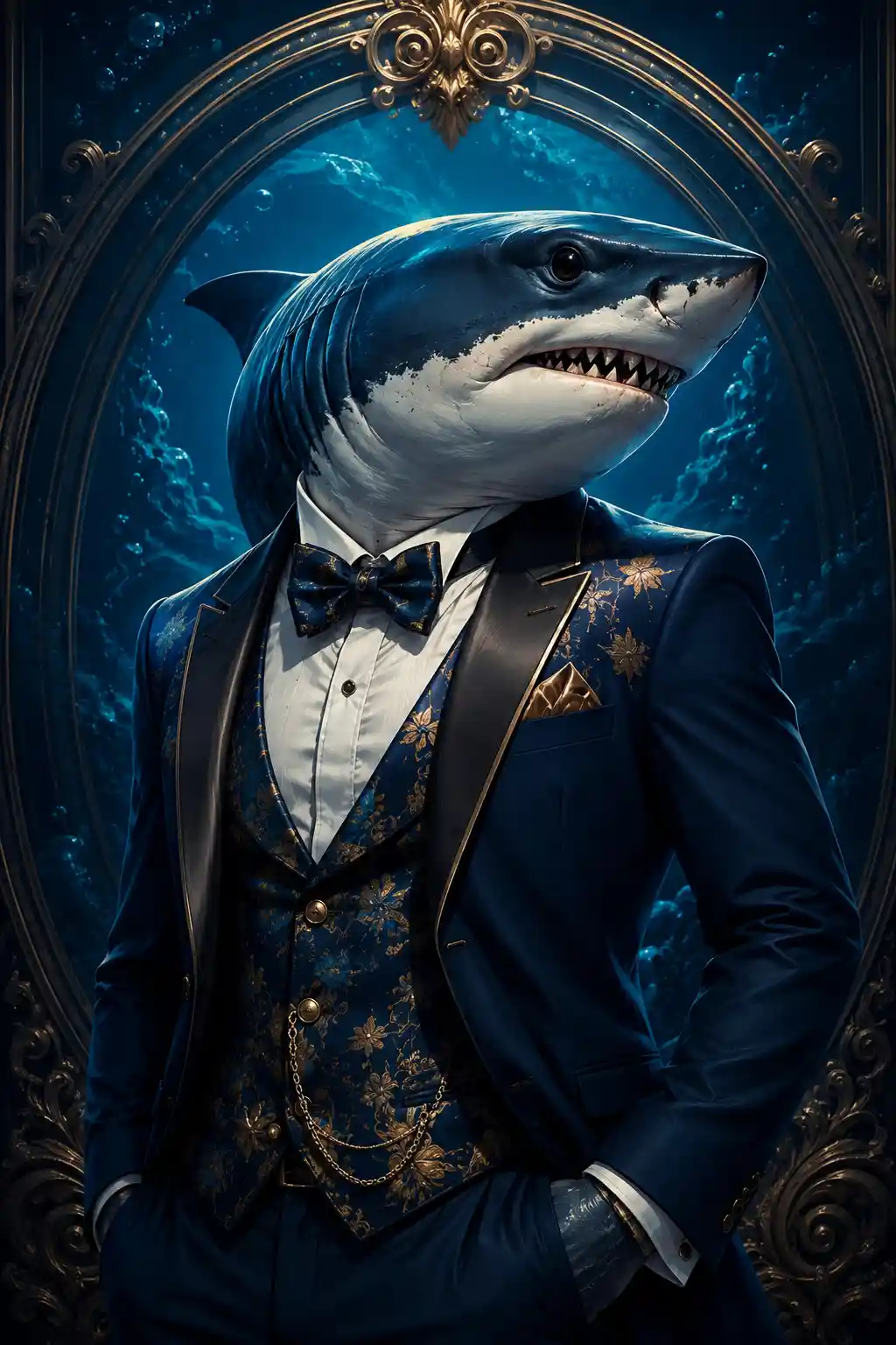 Fantasy shark in a tuxedo looking to the side