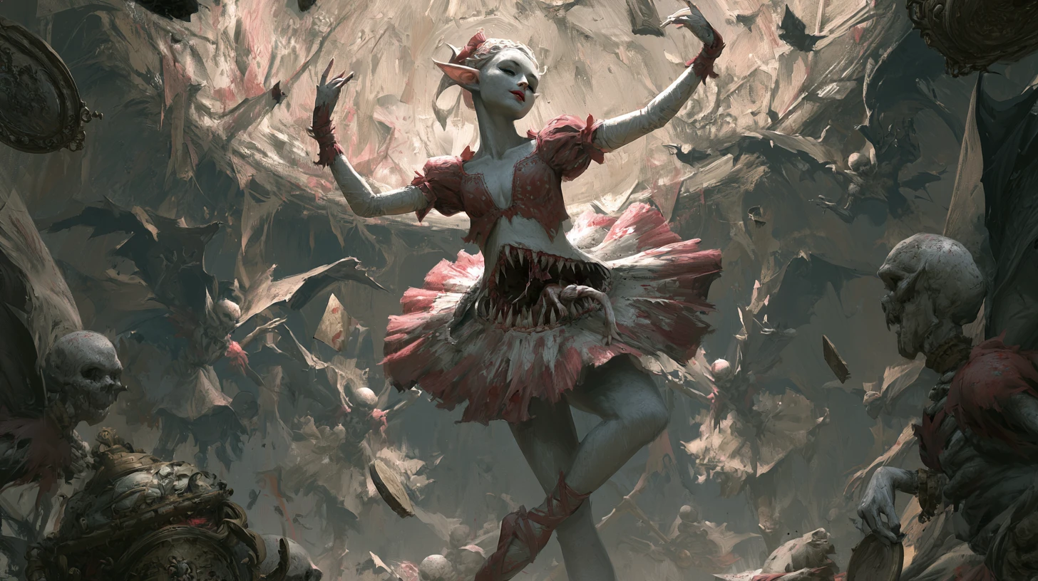 Fae ballerina with monstrous stomach maw in dark fantasy scene