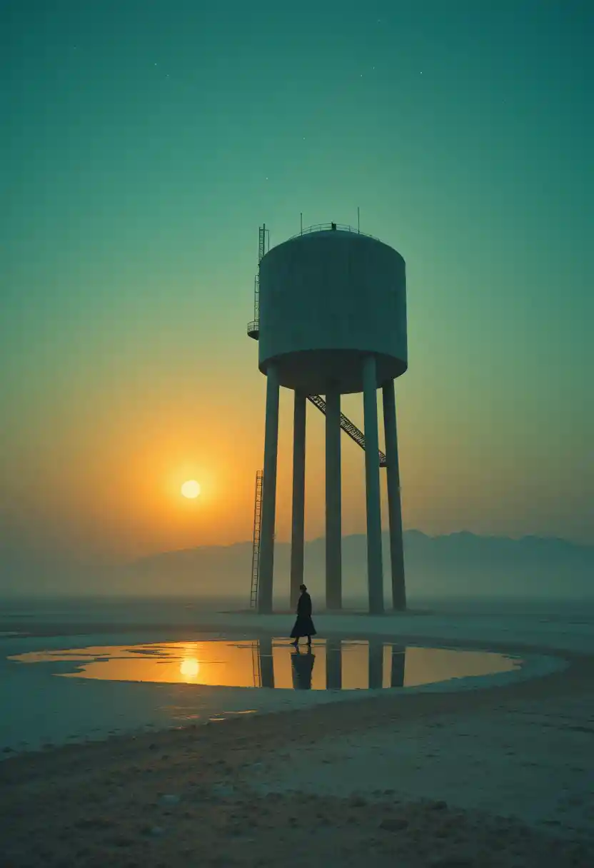 Surreal water tower rising from a reflective desert plain