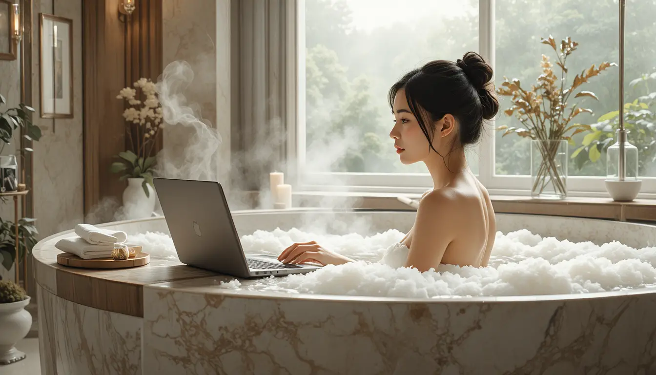현대식 거품 목욕탕에서 노트북을 사용하는 젊은 여성