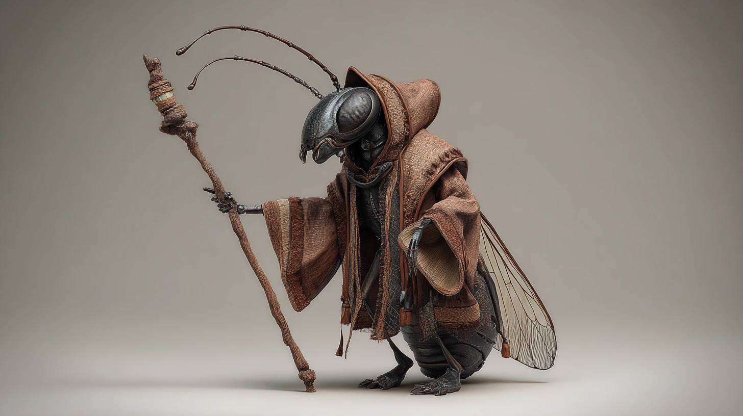 Wise ant humanoid wizard holding a staff on gray background