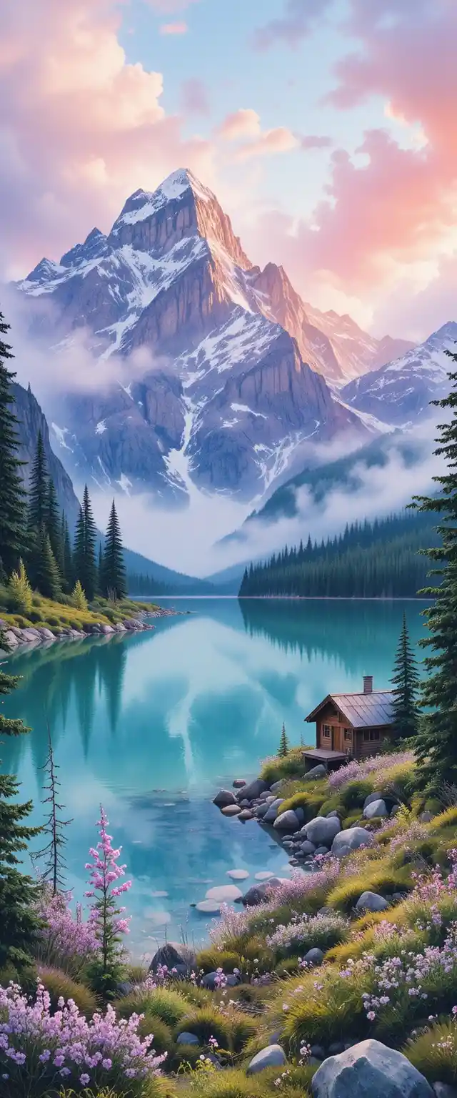 Watercolor sunrise over snowy Canadian Rockies and turquoise lake