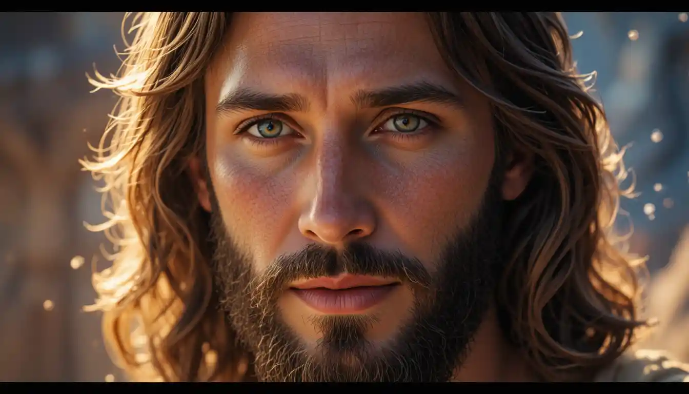 Close up portrait of Jesus with warm compassionate gaze