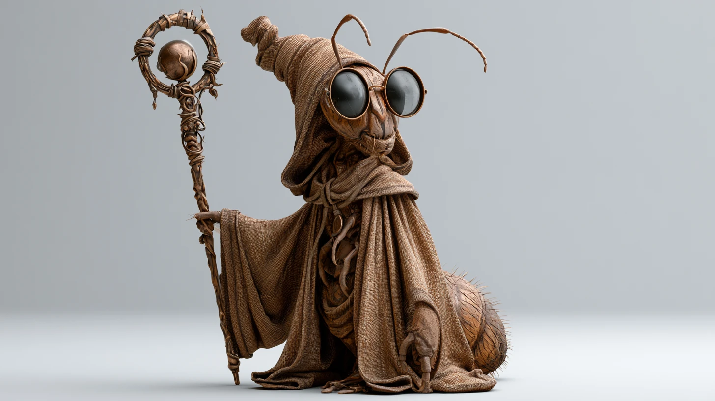 Wise ant humanoid wizard in a cloak holding a staff