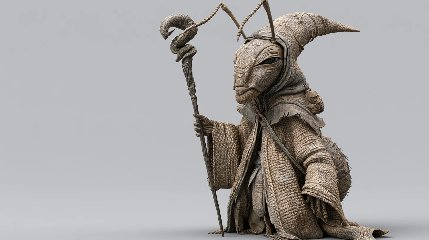 Wise ant humanoid wizard holding a staff in 3D style