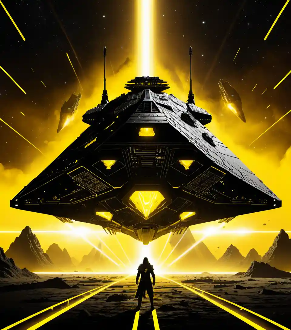 Massive sci fi starship with yellow neon in cosmic storm