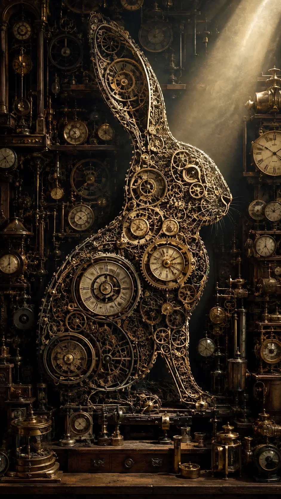 Surreal workshop machinery forming the silhouette of a rabbit