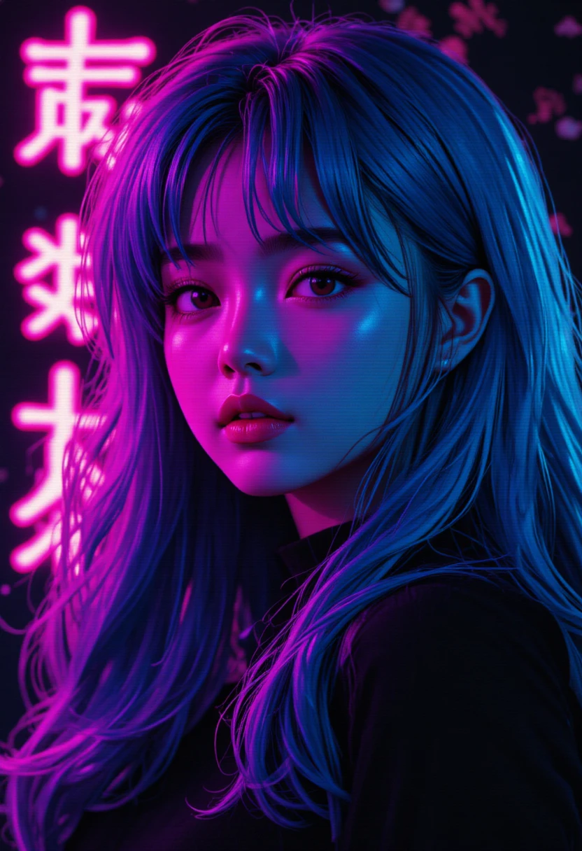 Melancholic Anime Woman In Neon Turquoise And Pink Close Up