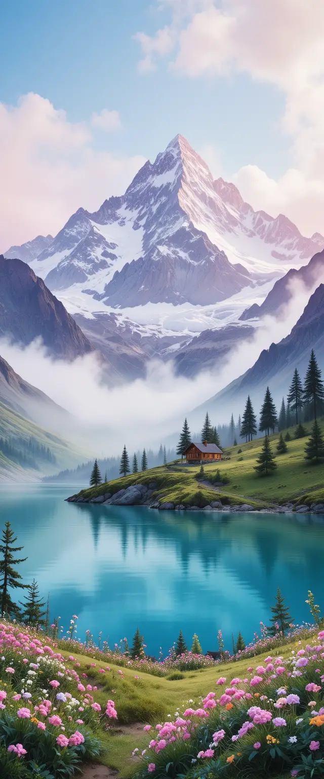 Watercolor mountain lake with misty spring blossoms