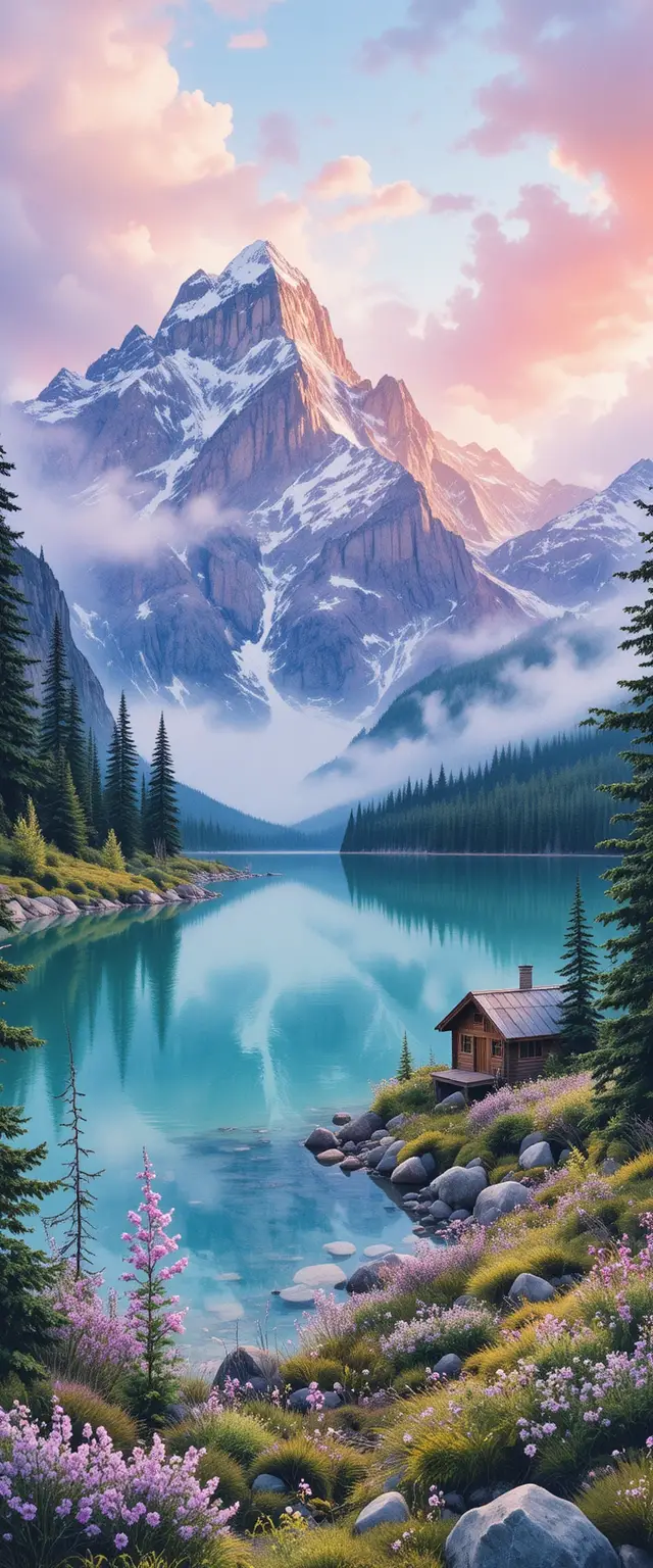 Watercolor sunrise over snowy Canadian Rockies and turquoise lake
