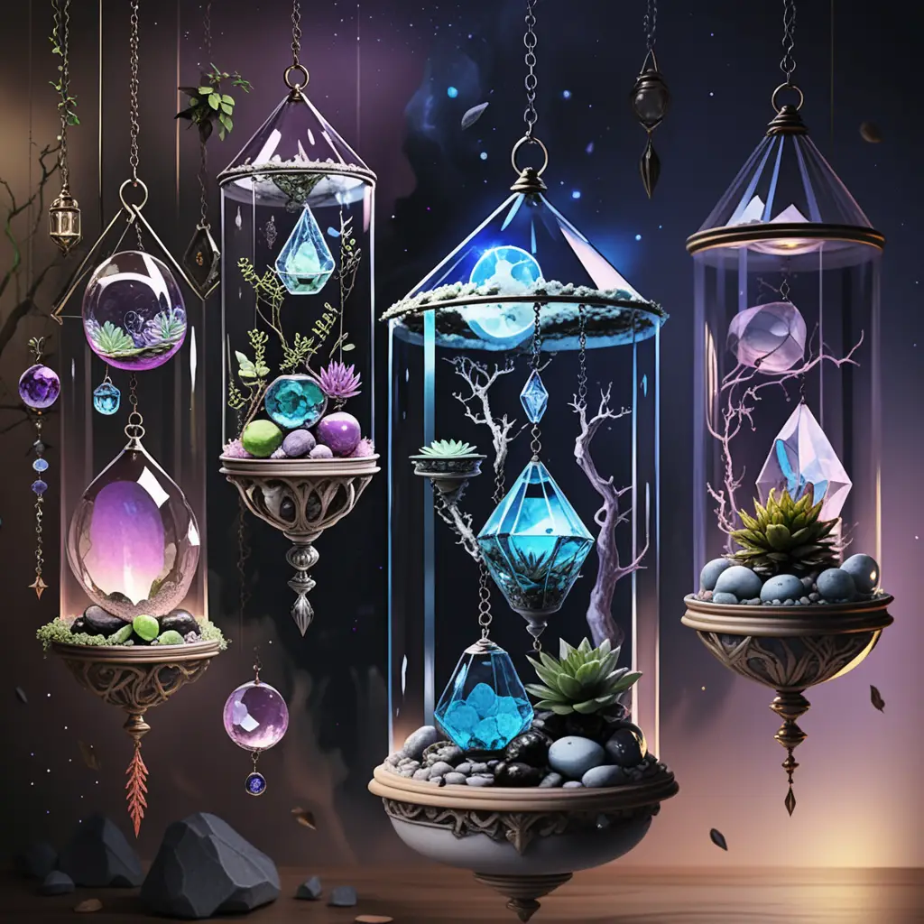 Mystische hängende Glas-Terrarien mit Edelsteinen und Sukkulenten