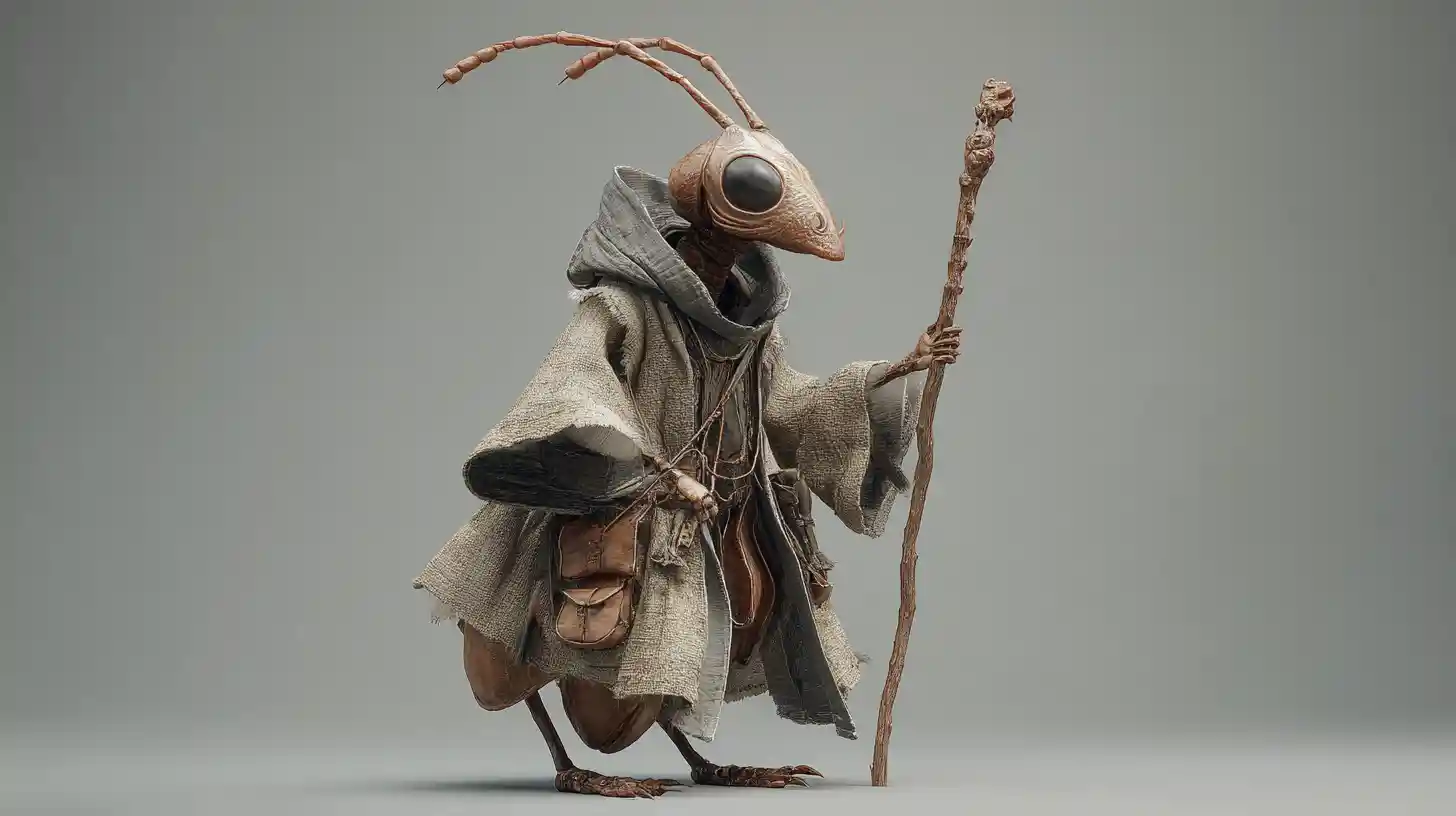 3D ant humanoid wizard holding a staff on gray background