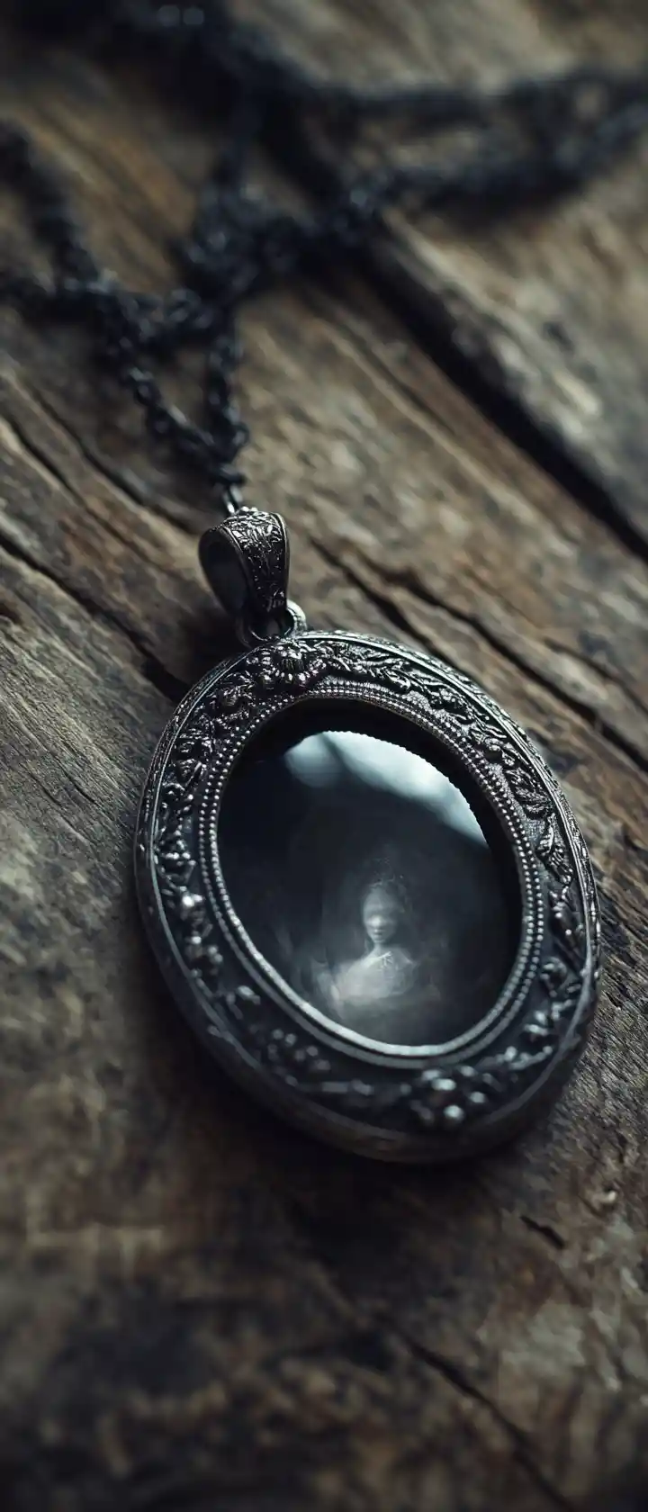 Antique silver locket glowing with white light on wood