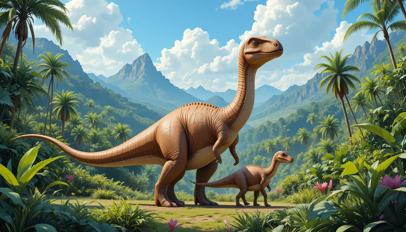 Adult and young dinosaurs walking in lush prehistoric valley