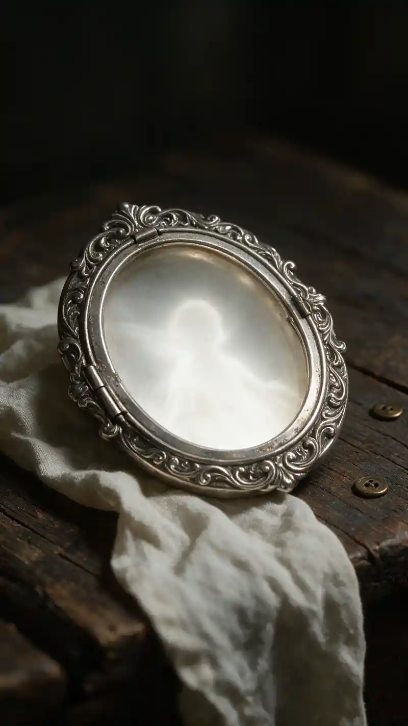 Antique silver locket glowing with white light on wood