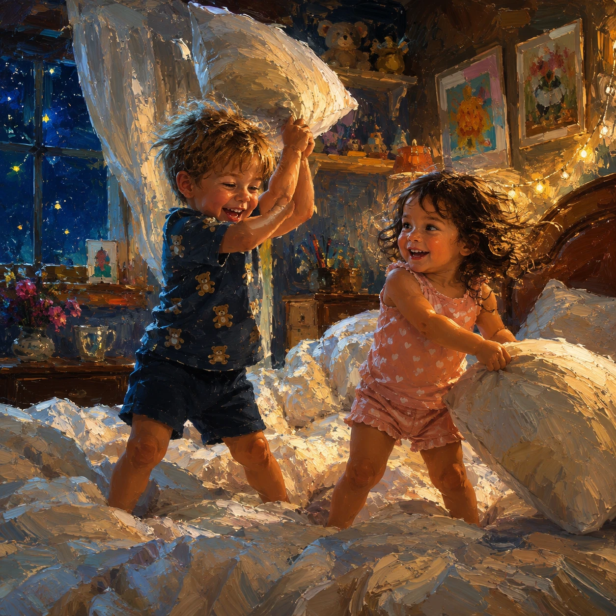 Two young siblings jumping and playing pillow fight on bed
