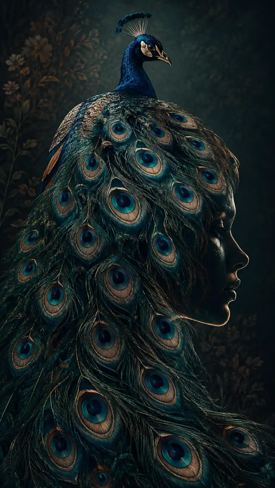 Peacock tail forming a hidden female profile illusion