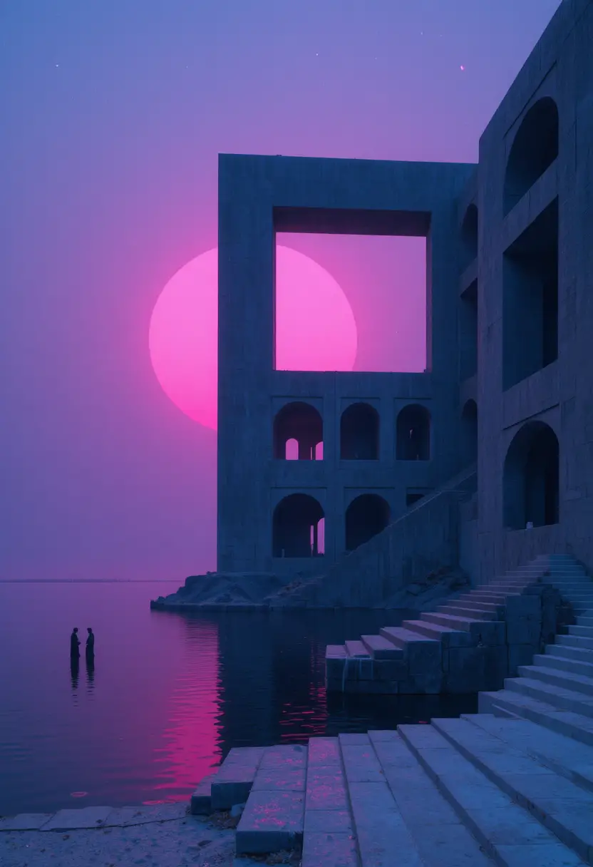Surreal brutalist tower at dusk beside still reflective water
