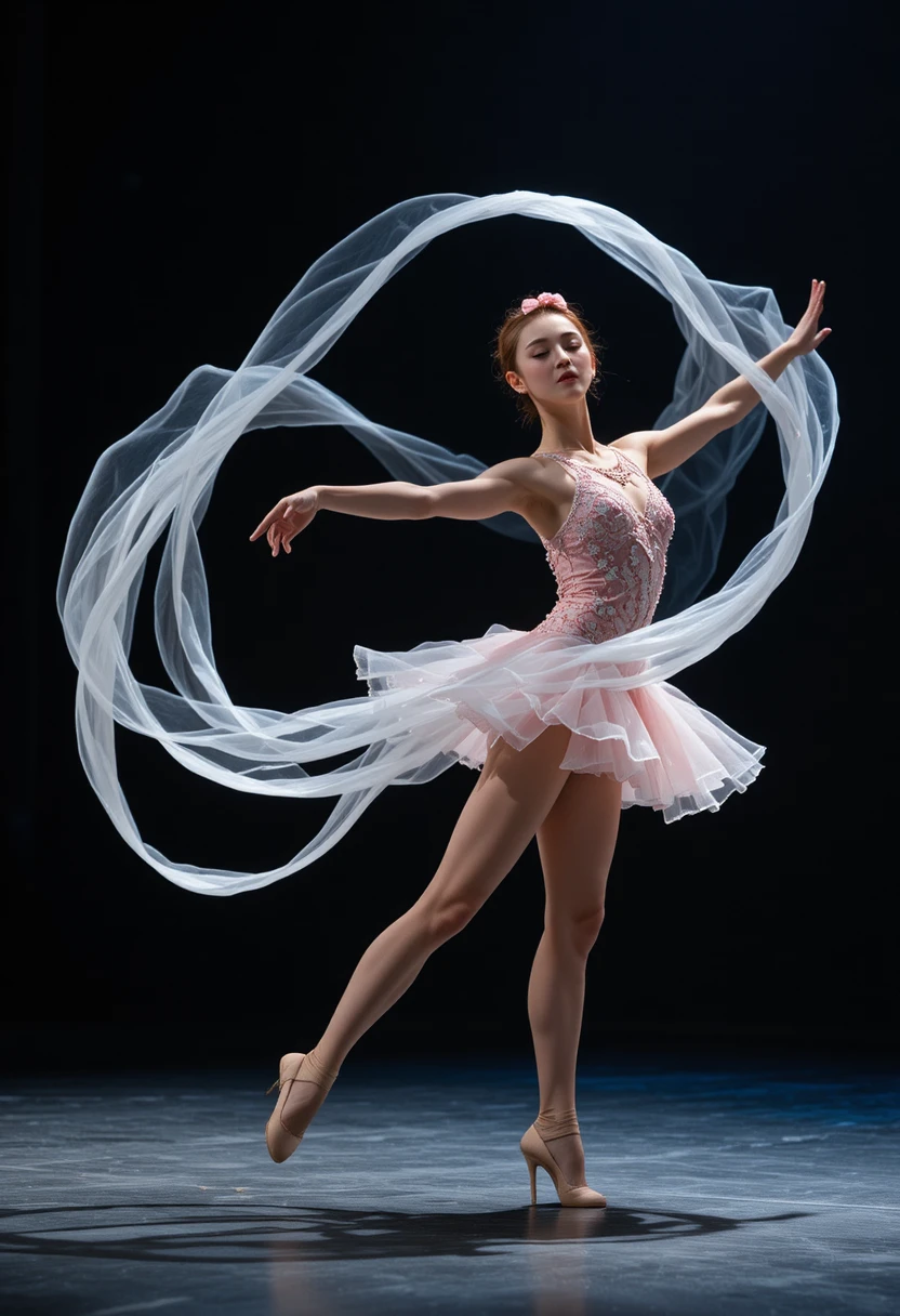 Rhythmic gymnast in spotlight with swirling white ribbon