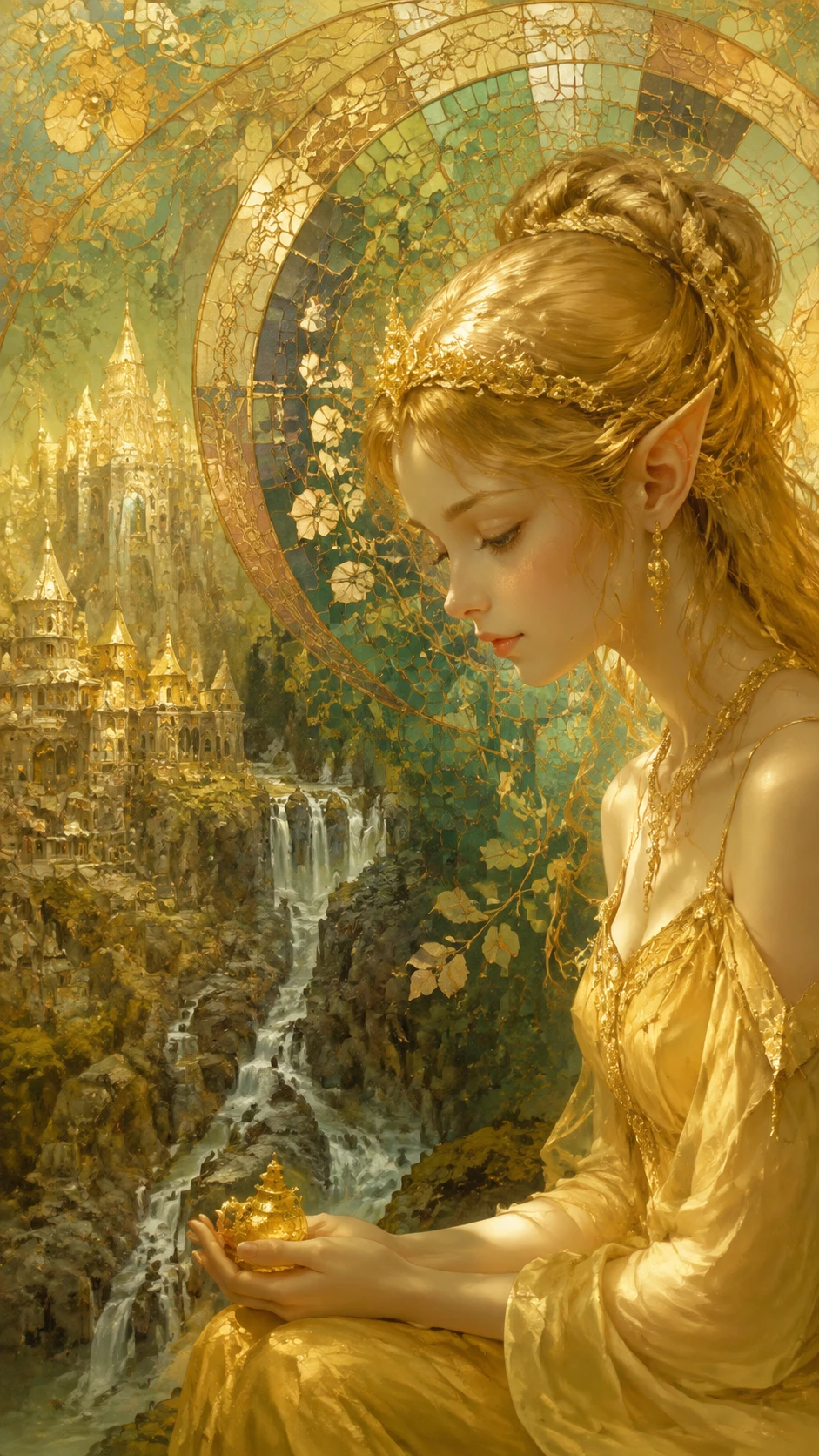 Close up fantasy gold houses with waterfall and mosaics