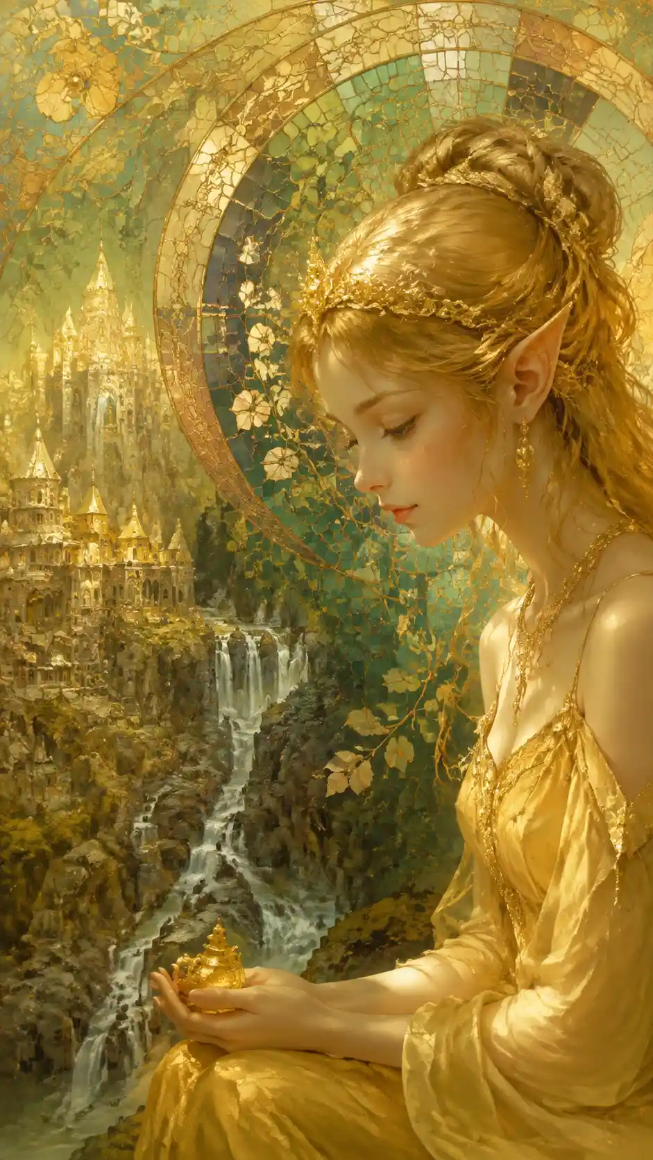 Close up fantasy gold houses with waterfall and mosaics