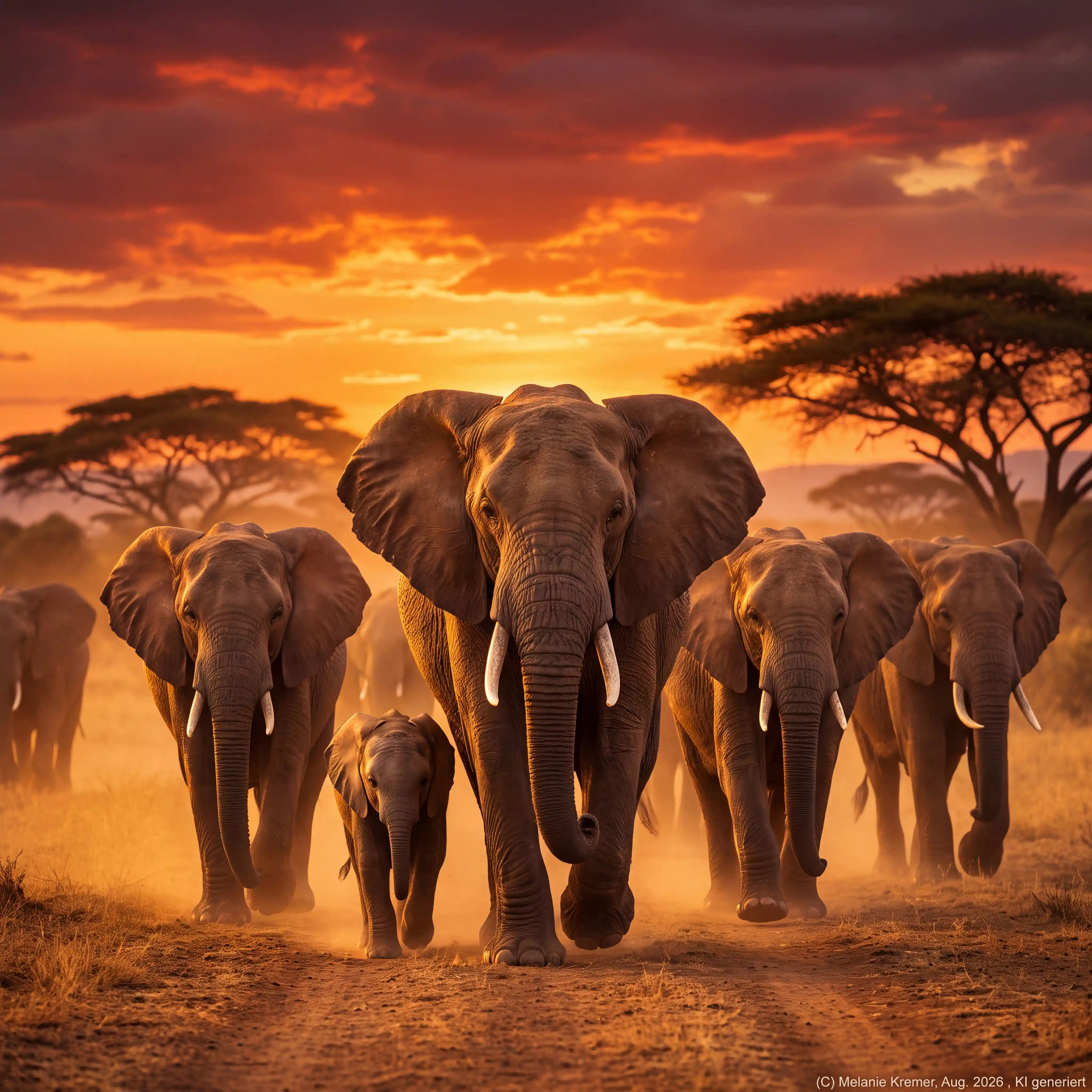 Elephant family walking toward camera at golden savanna sunset