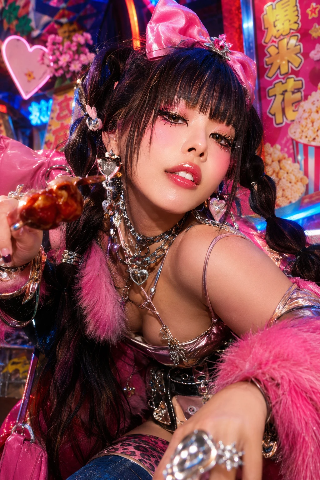 Bold fashion woman at a neon street food counter