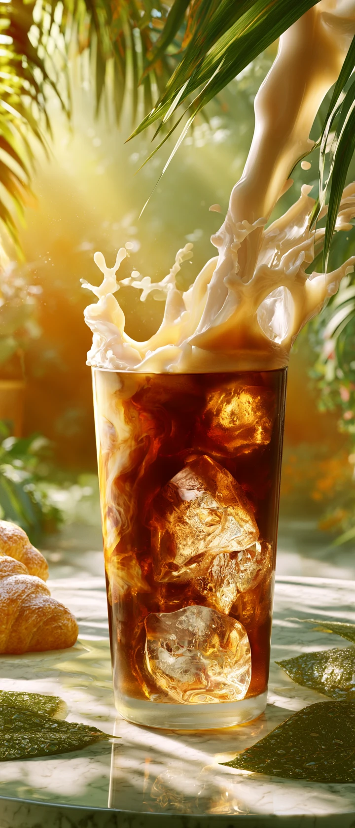 Caffè freddo con vortice di latte d’avena su tavolo della terrazza in giardino