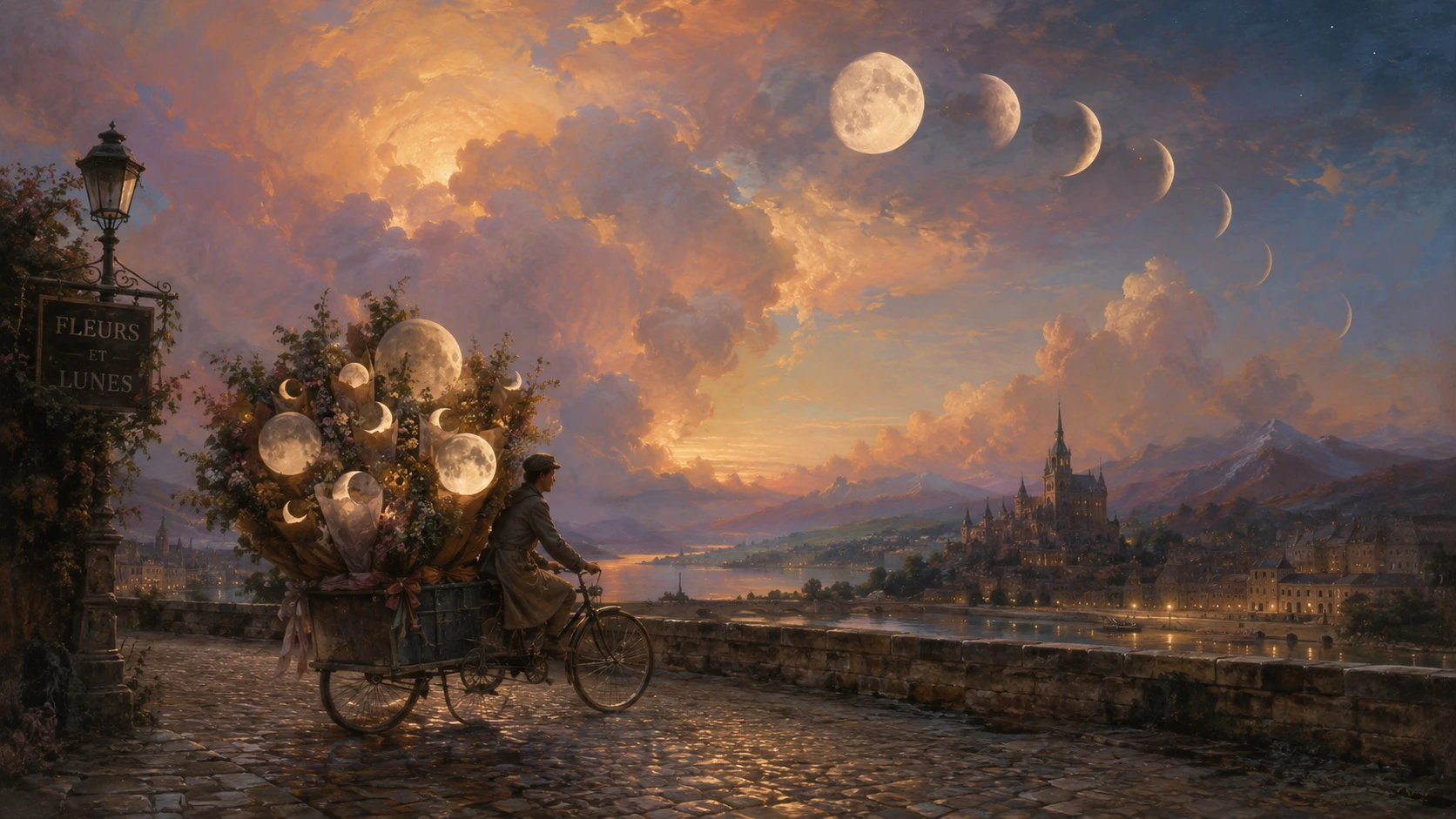 Florist Cycling Through Town With Moonlit Flower Bouquets