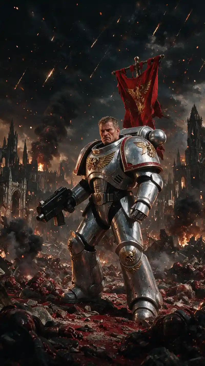 Armored Space Warrior On Ruined Crimson Battlefield