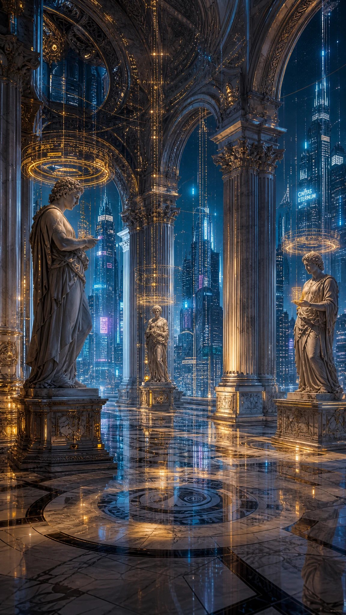 Cyber renaissance marble hall with glowing data halos