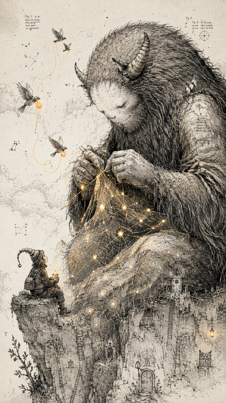 Shaggy giant quietly knitting shimmering constellations with tiny birds