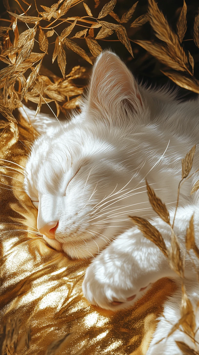 Neon hologram tiger cat sleeping on a golden pillow