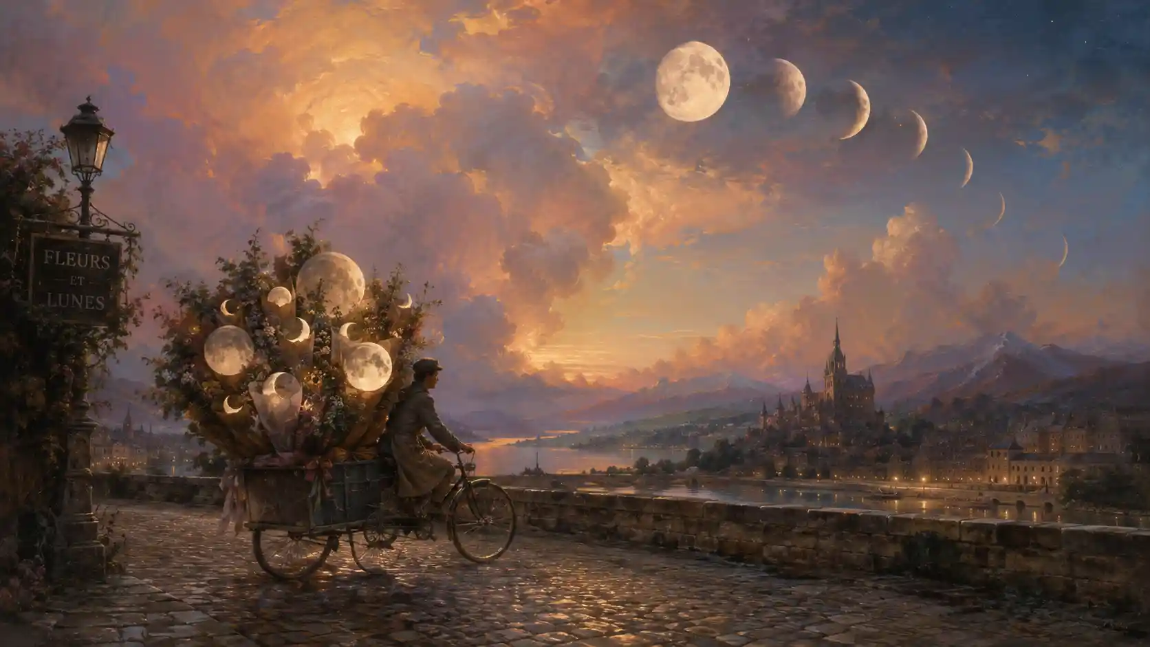 Florist Cycling Through Town With Moonlit Flower Bouquets