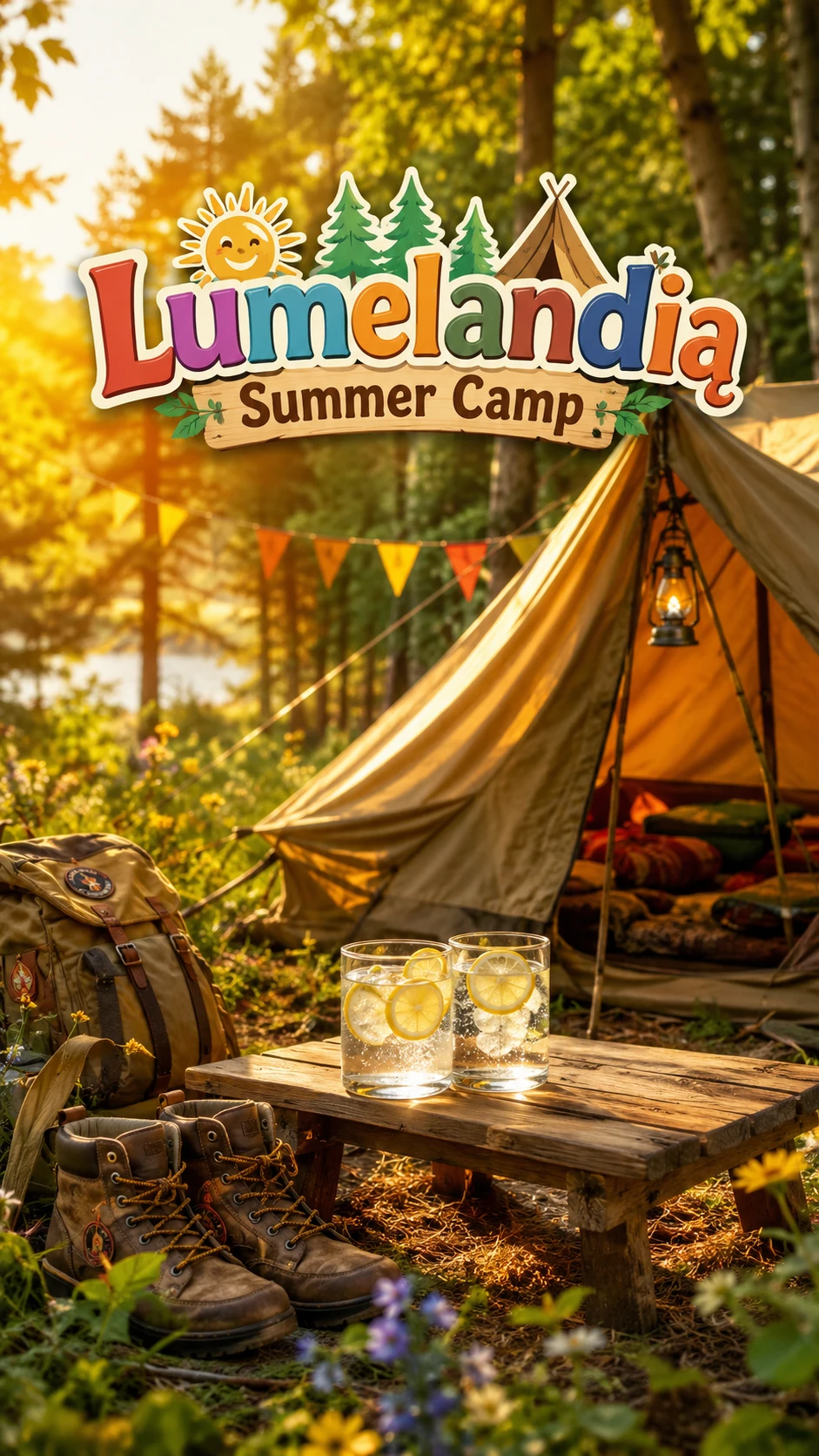 Summer scout camp tent scene in a sunny forest clearing