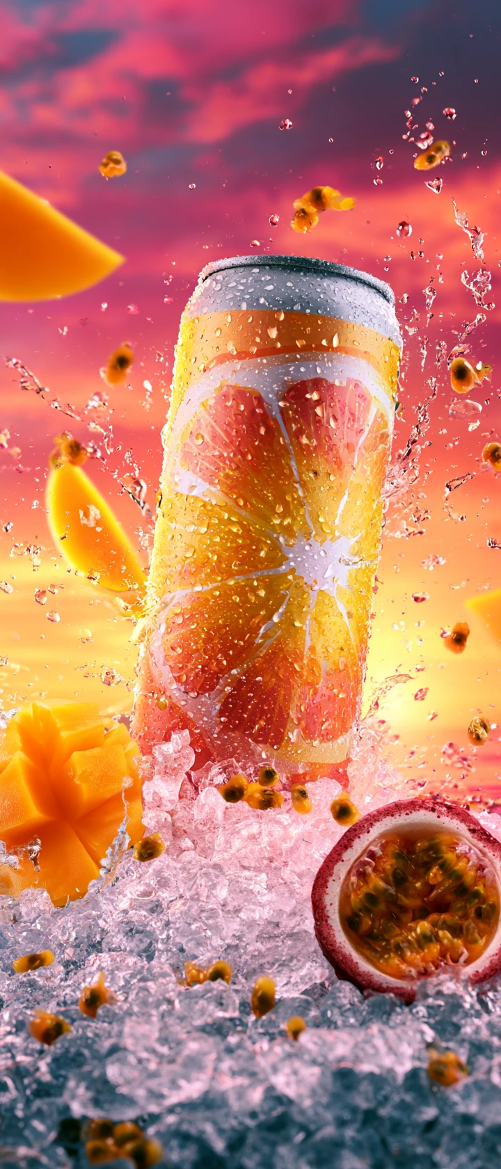 Tropical hard seltzer can bursting from crushed ice at sunset