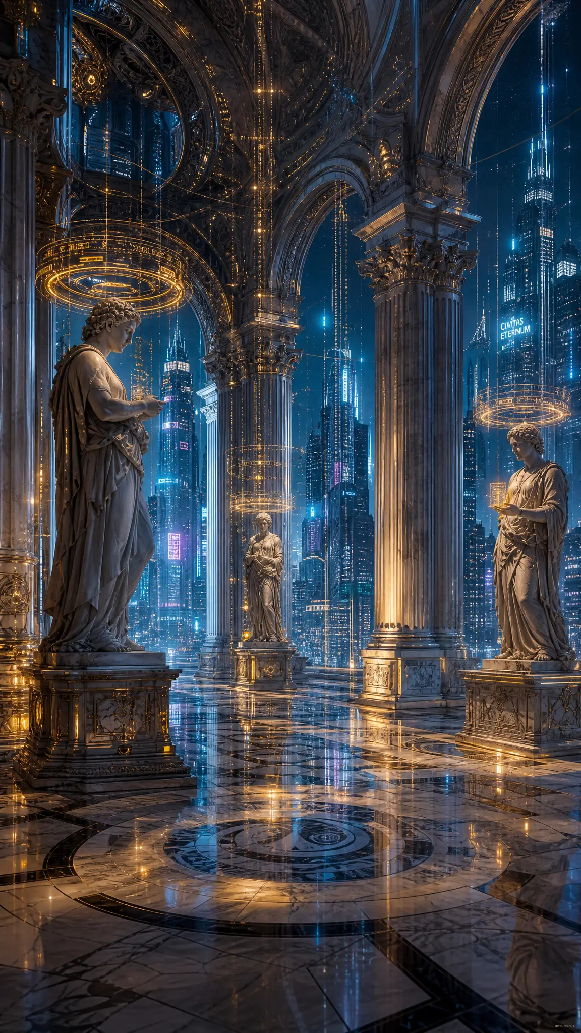Cyber renaissance marble hall with glowing data halos