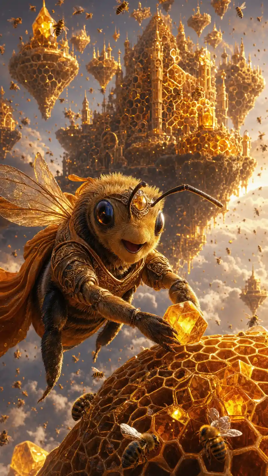 Heroic bee building glowing honeycomb cathedral in amber light