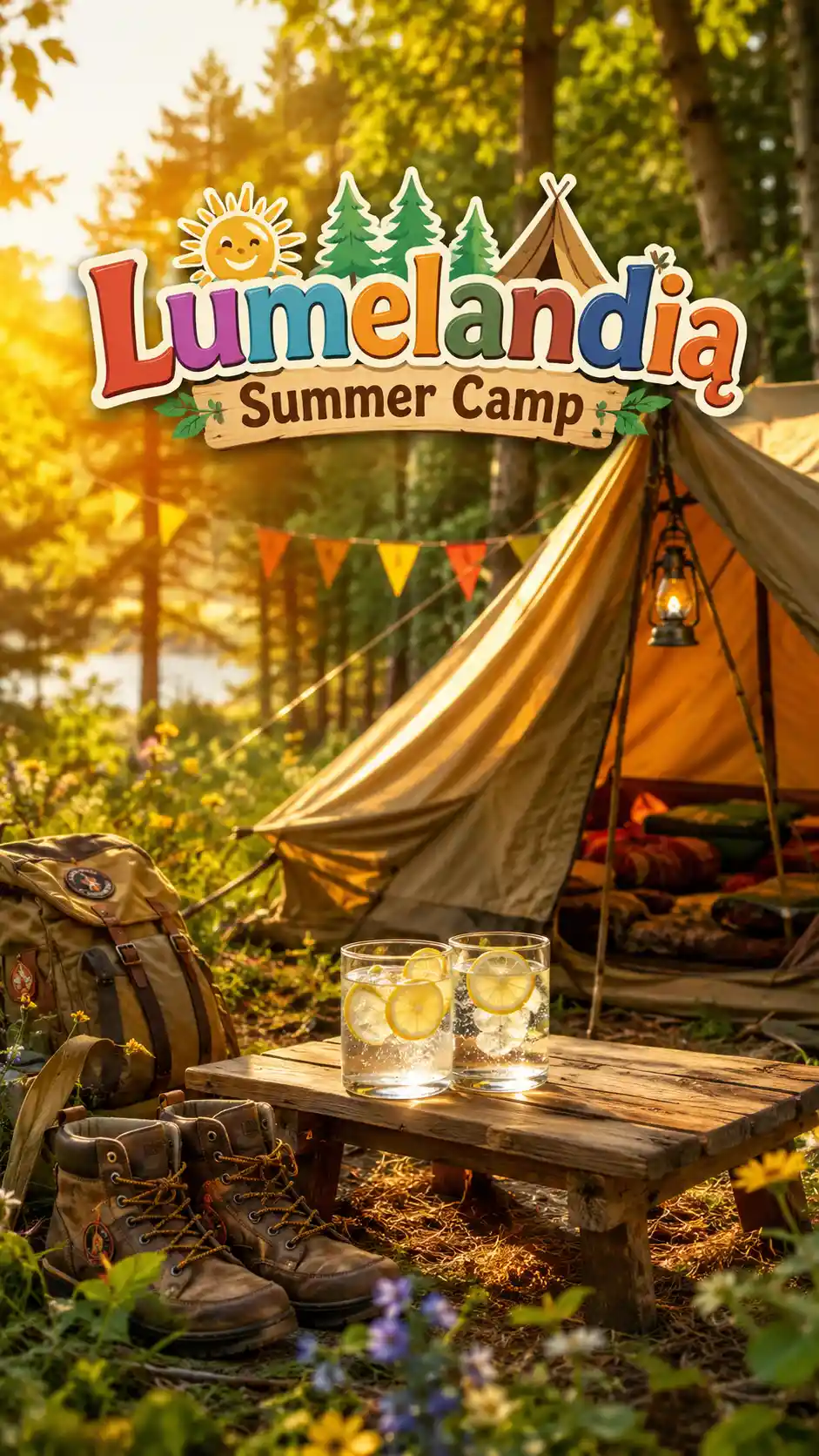 Summer scout camp tent scene in a sunny forest clearing