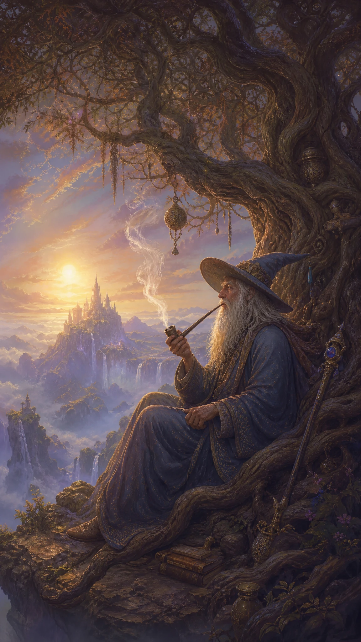 Old wizard under an ancient tree at dawn with pipe smoke