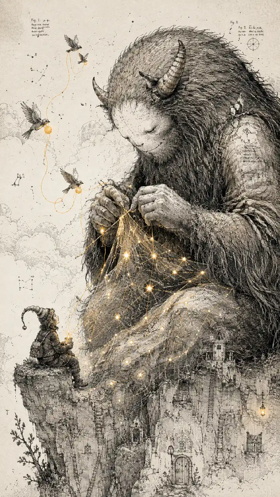 Shaggy giant quietly knitting shimmering constellations with tiny birds