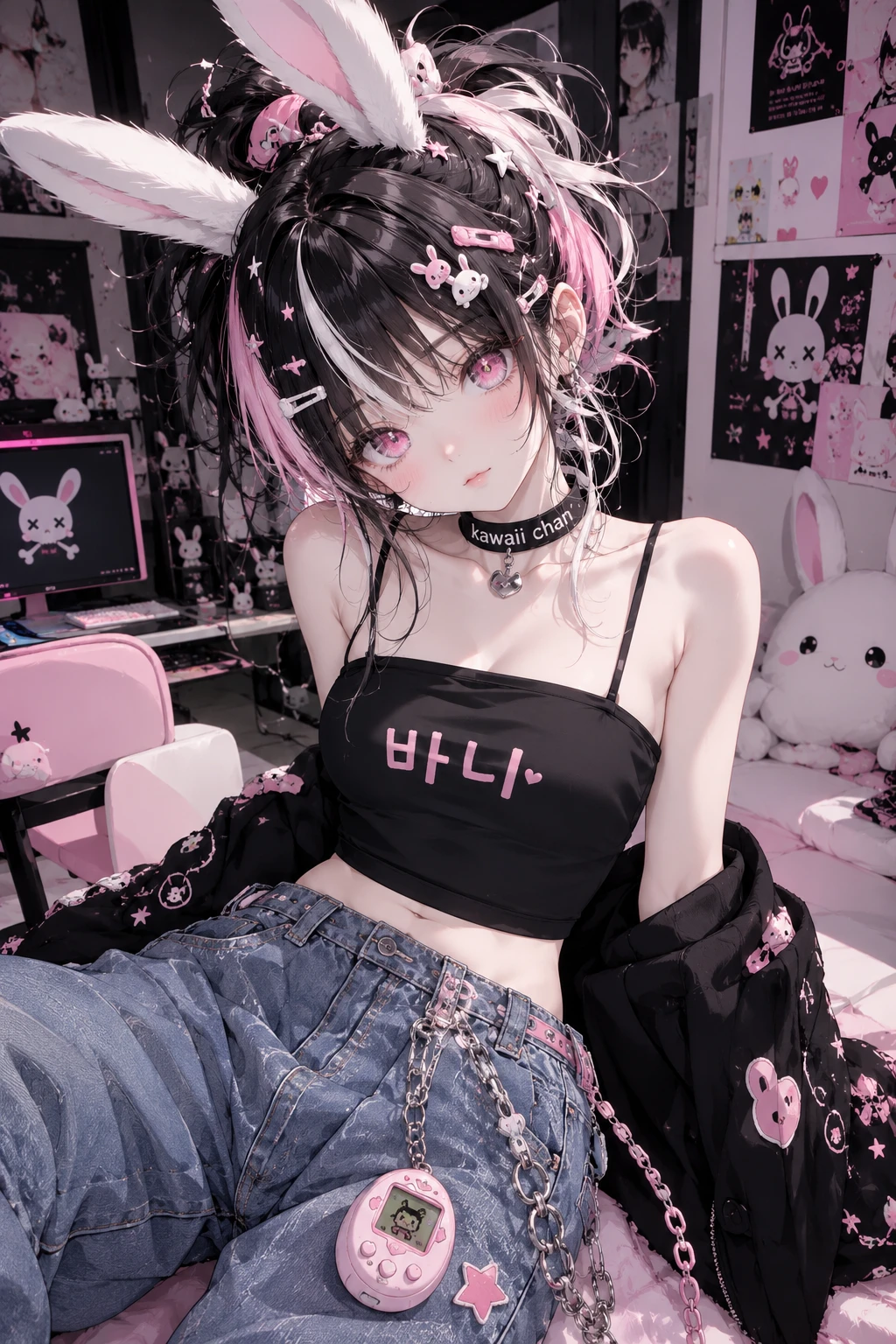Cute anime bunny girl with pastel hair and baggy jeans