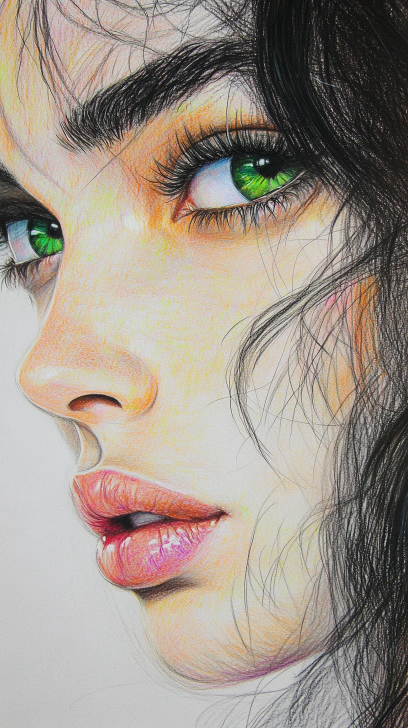 Colored pencil portrait of a girl with emerald green eyes