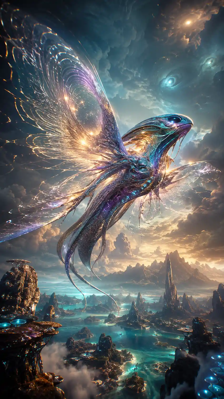 Alien creature with shimmering geometric space folding wings