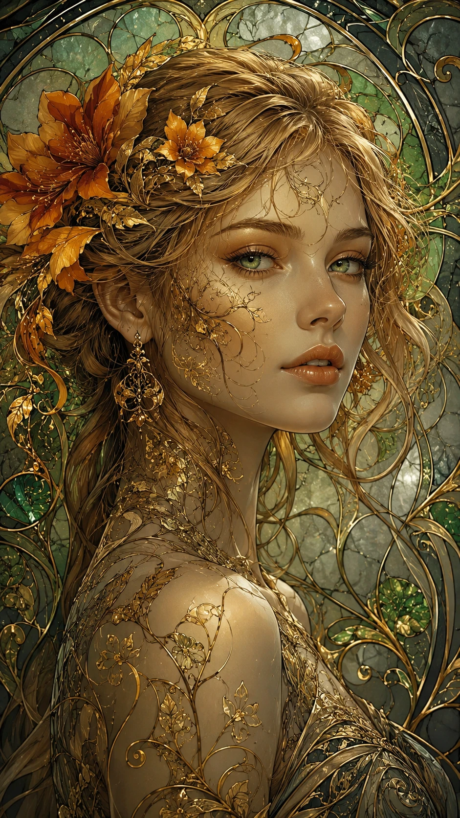 Golden haired fantasy woman in art nouveau glass portrait