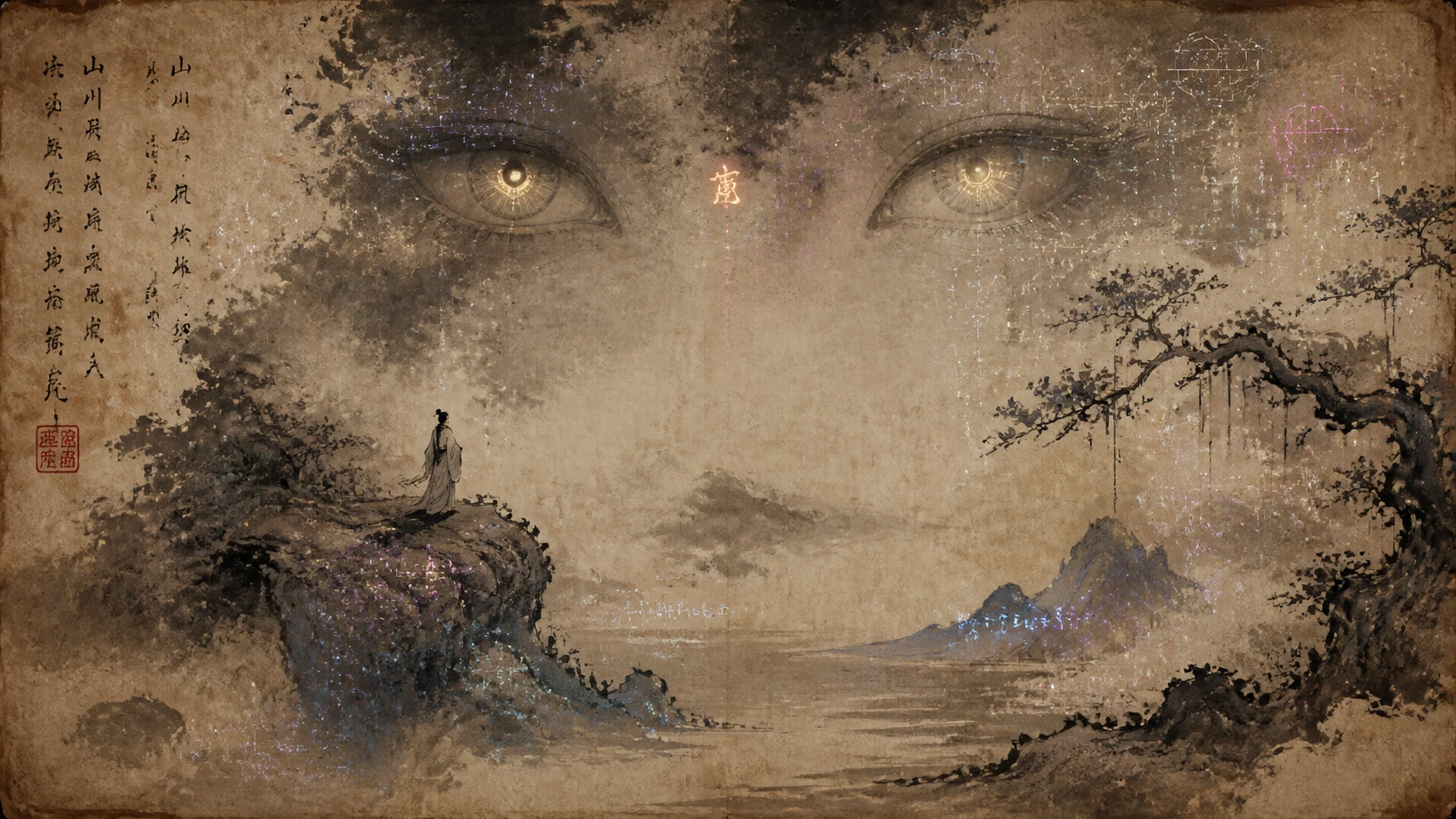 Ancient ink painting with holographic glyphs and watching eyes