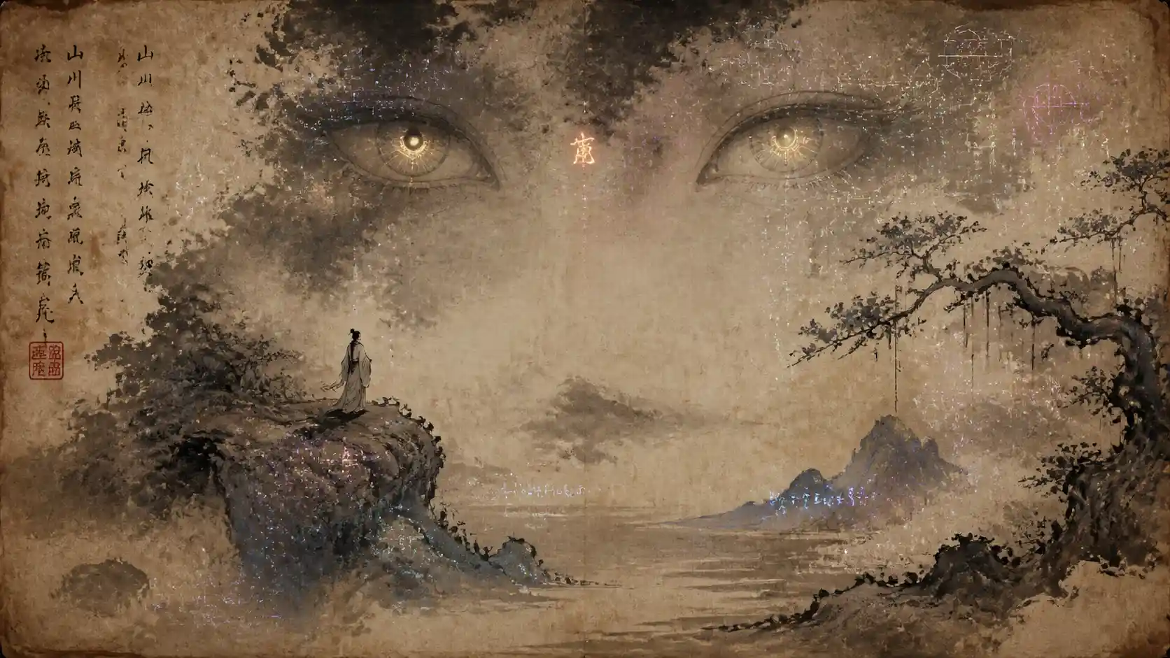 Ancient ink painting with holographic glyphs and watching eyes