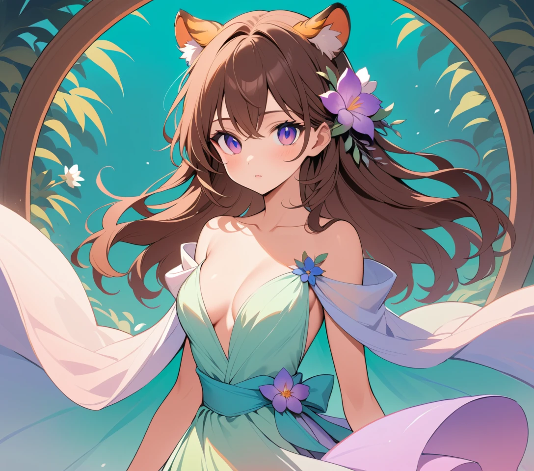 Elegant fantasy woman with tiger ears in pastel gown