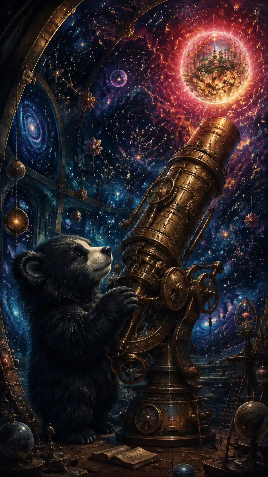 Shaggy sloth bear astronomer in a vast brass observatory